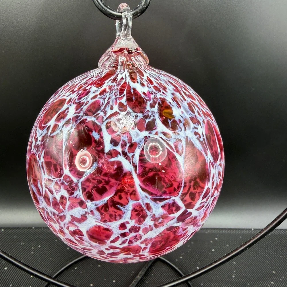 Hand Blown Glass Friendship Ball Ornament Pink‎ White Speckled Heart Stand VTG